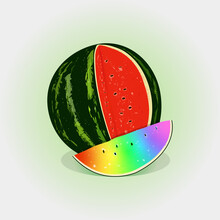 Rainbow Watermelon Slice Near Traditional Green And Red Watermelon Vector Illustration 