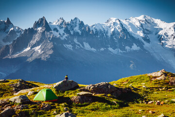 Sticker - Magnificent Mont Blanc glacier with Lac Blanc. Location place Chamonix resort, Graian Alps, France, Europe.