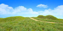 Landscape With Green Grass Field On Small Hills And Blue Sky With Clouds 3d Rendering