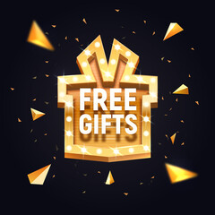 Wall Mural - Free gifts isolated vector banner. Gift box retro illuminated board broadway on dark background. Advertising design element