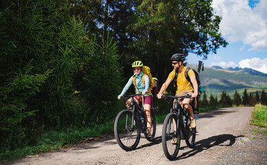 Wall Mural - family with small children cycling outdoors in summer nature, high tatras in slovakia.