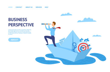 Wall Mural - Businessman on Paper Boat Concept Card Landing Web Page Template. Vector