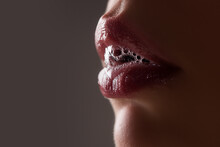 Passionate Lips. Female Open Mouth With Saliva.
