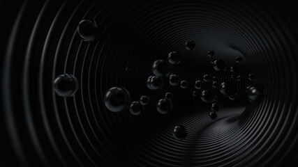 Dark abstract background. Flow, transport concept. Dark tunnel with spheres. Three dimensional illustration, computer generated image, render.