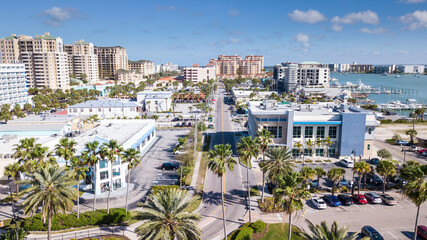 Clearwater Beach FL. Ocean or shore Gulf of Mexico. Spring break or Summer vacations in Florida. Hotels, restaurants and Resorts. Tropical Nature.