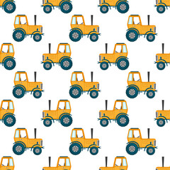 Wall Mural - Beautiful orange agricultural tractor isolated on white background. Childish cute seamless pattern. Side view. Vector flat graphic illustration. Texture.