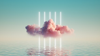 Wall Mural - 3d render, abstract background with pink cloud levitating in front of bright glowing neon vertical l