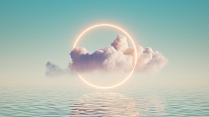 Wall Mural - 3d render, abstract geometric background, white cloud and glowing neon round frame. Illuminated cumulus. Minimal futuristic seascape with reflection in the water