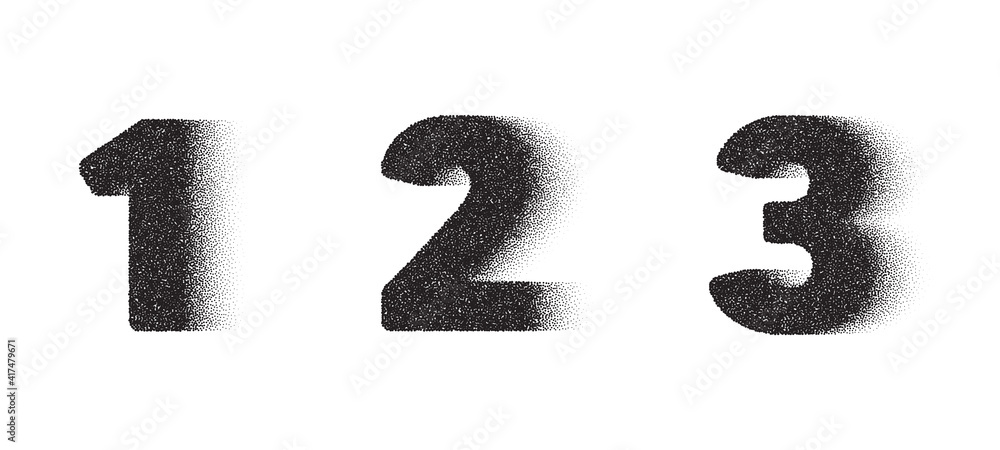 1th, 2nd and 3rd Dotwork number. 123 noise stipple dots digits. Sand grain effect. Black dots grunge banner. Abstract noise dotwork number. Stipple circles digits. 1, 2 and 3 dotted numeral. Vector - obrazy, fototapety, plakaty 