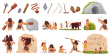 Primitive People Hunt Vector Illustration Set. Cartoon Primeval Wild Caveman Character Hunting With Stick Club Bow Spear, Woman Cooking Food, Prehistoric Stone Age Life Scenes Isolated On White