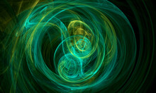 Abstract Green And Yellow Vortex On Dark Background. Fictional Substance Or Matter In Multilayered Composition With Deep Perspective. Fantastic Circular Movement.