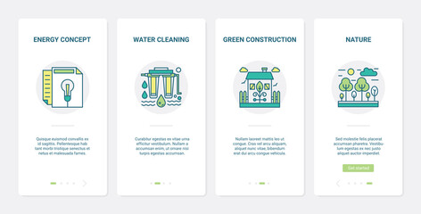 Wall Mural - Green energy industry technology vector illustration. UX, UI onboarding mobile app page screen set with line industrial water purification, eco construction to save ecology, nature environment