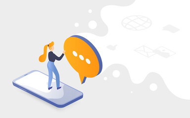 Aufkleber - People in social network concept isometric vector illustration. Cartoon woman character networking, standing on big smartphone screen, with big message bubble with text comment, online communication