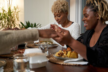 Black Female Friends Praying Blessing Food, Togetherness