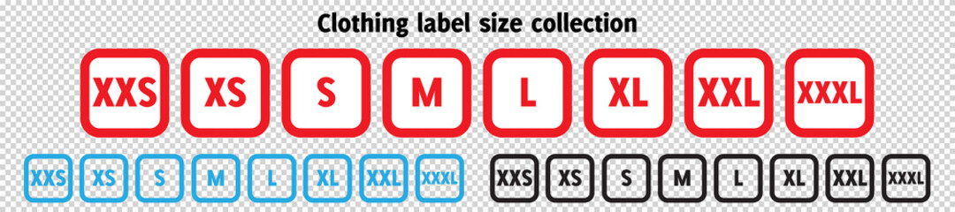 red blue cloth labels with size for apparel, brand tags s, l, m, xl symbols, textile badges with sea