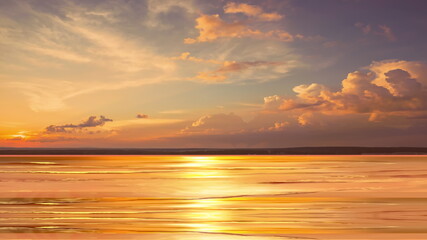 Wall Mural - deep pink sunset on the beach ,sun beach light sand and gold sea water reflection at evening summer 