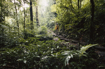 Canvas Print - Monteverde, Costa Rica, Monteverde Cloud Forest Reserve, Man walking on trail through forest 