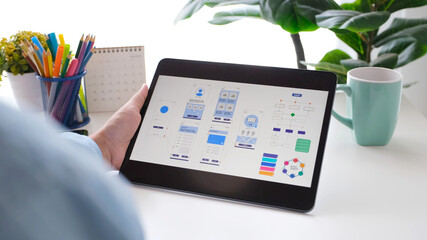 Man hand holding digital tablet wih mobile app development prototype while working at home