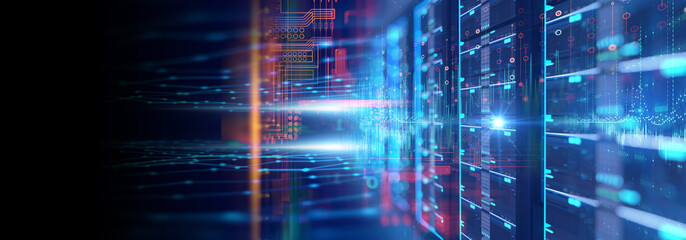 server room with server racks in datacenter banner. 3d illustration