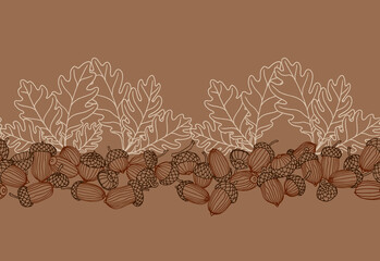 Wall Mural - horizontal abstract seamless pattern of oak acorns, for backdrops designs, textiles, fabrics, vector illustration with colored contour lines on a brown background in doodle and hand drawn style