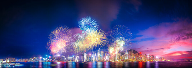 Fototapete - Firework on Hong Kong city
