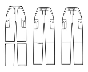 Wall Mural - Set of Zip-off convertible pants technical fashion illustration with normal low waist, high rise, box pleated cargo pockets, loops, drawstring. Flat template front, white color. Women, men, unisex CAD