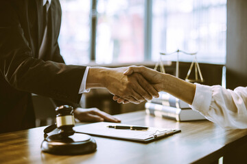 Wall Mural - The lawyer stood and handshake with client to congratulate