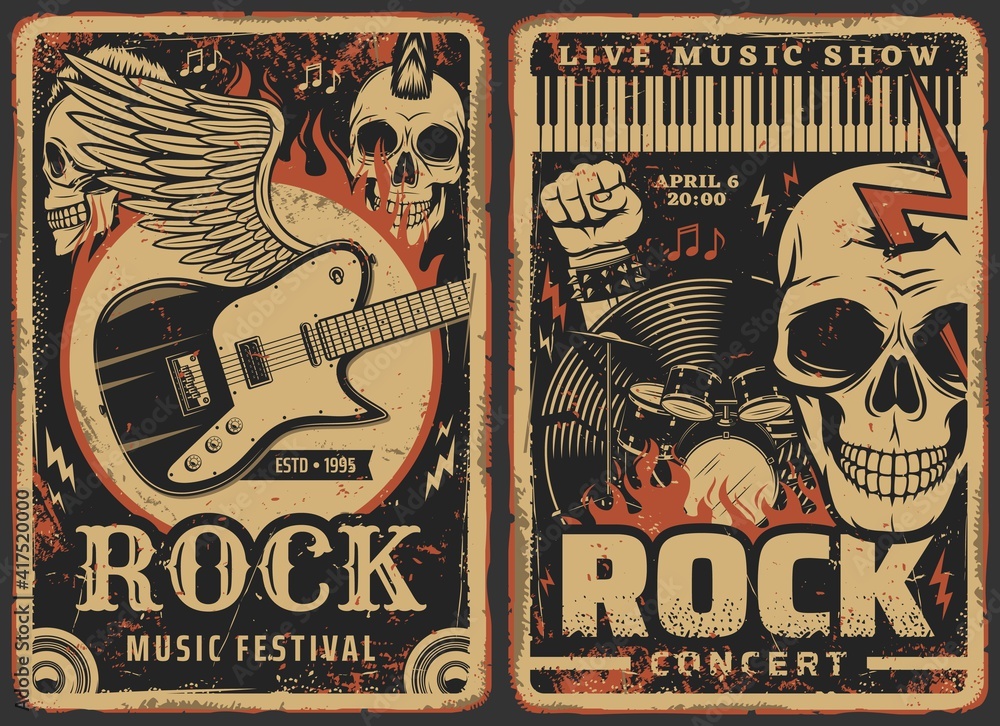 Rock music posters, concert or band fest and live music show festival, vector. Hard rock music concert grunge retro posters with skeleton skull, electric guitar on wings, rocker fist and drums in fire - obrazy, fototapety, plakaty 