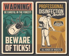 Disinfection Service And Tick Bite Prevention Banners. Pest Control Exterminator In Mask Spraying Insecticide On Insects, Tick On Camping Site Vector. Parasite Insects Danger Warning Plate Or Poster