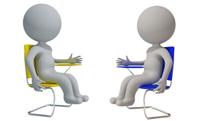 man human character sitting on student oposite side discusing chair 3d isolated background - 3d rend