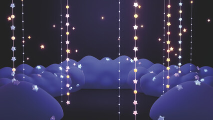 Cartoon stars string lights and clouds. 3d rendering picture. 