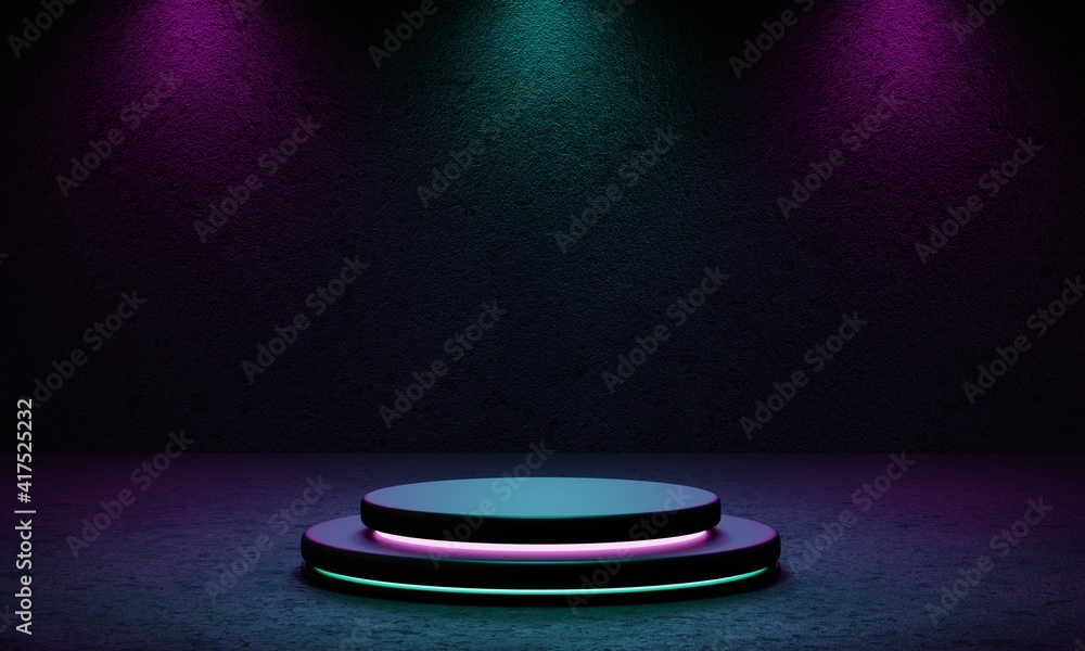 Cyberpunk product podium platform studio with blue and violet spotlight and grunge style textured background. Retro stage and Futuristics scene concept. 3D illustration rendering graphic - obrazy, fototapety, plakaty 