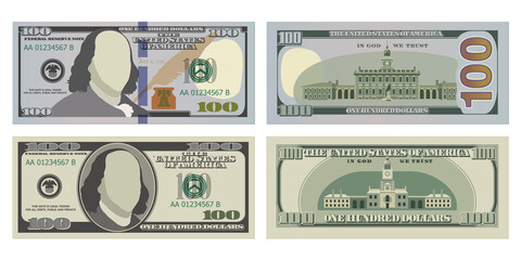 hundred dollar bills in new and old design from both sides. 100 us dollars banknote, from front and 