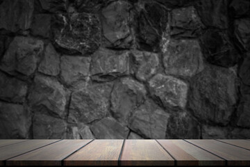 Empty room dark rock wall cover with floor cement  table. Gray black dark background. grey old rough wooden floor perspective interior.