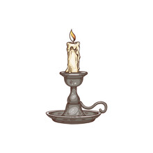 Candle In Vintage Candlestick With Handle Flat Vector Illustration Isolated.