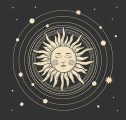 Wall Mural - Magic boho card of the sun. Heavenly tattoo for astrology with the heavens and the stars. Bohemian hand drawing, vintage art for oriental design. Vector illustration.