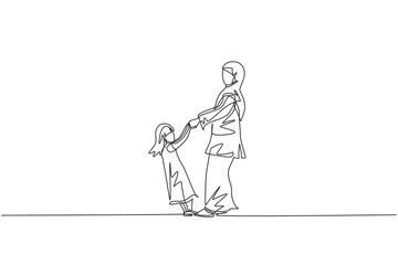 Wall Mural - Single one line drawing of young Arabian mom and daughter holding hand, playing together vector illustration. Happy Islamic muslim family parenting concept. Modern continuous line graphic draw design