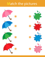 Wall Mural - Match by color. Puzzle for kids. Matching game, education game for children. Umbrellas. What color are the objects? Worksheet for preschoolers.