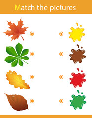 Wall Mural - Match by color. Puzzle for kids. Matching game, education game for children. Leaves of trees. What color are the objects? Worksheet for preschoolers.