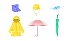 Waterproof Clothes And Things For Rainy Weather Condition With Yellow Raincoat And Umbrella Vector Set