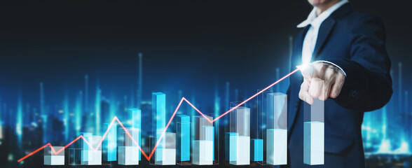 Professional business man on network and digital finance marketing chart with future city technology background