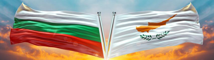 Wall Mural - Bulgaria Flag and Cyprus Flag waving with texture Blue sky could and sunset Double flag