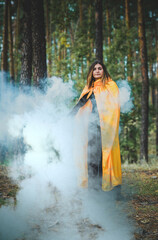 Witch at wood, fog around, magic concept, illustration for rituals and mystical scene