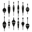 Vector set of fishing floats. Black silhouettes bobber icons isolated on white background.