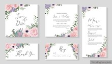 Vector Floral Template For Wedding Invitation. Pink Roses, Anemones, Succulents, Berries, Green Leaves And Plants. Invitation Card, Thanks, Rsvp, Menu.
