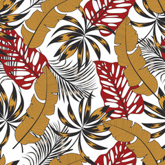  Tropical pattern with trendy plants and leaves on a light background. Beautiful seamless vector floral pattern. Tropic leaves in bright colors. Beautiful print with hand drawn exotic plants.