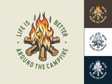 Set Of Camp Burning Campfire Emblem With Flame For Camping Design Or T-shirt Print