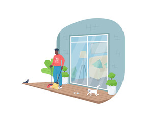 Wall Mural - African american man sweeping porch flat color vector faceless character. Patio cleanup. Tidying outdoor floor. Spring cleaning isolated cartoon illustration for web graphic design and animation