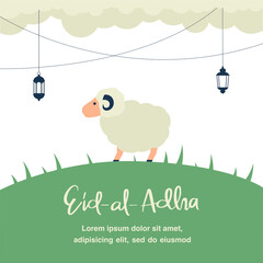 Wall Mural - Eid AL Adha greeting flat illustration with cute sheep