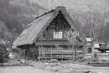 Canvas Print - Shirakawa-go, Japan. Japan black and white.